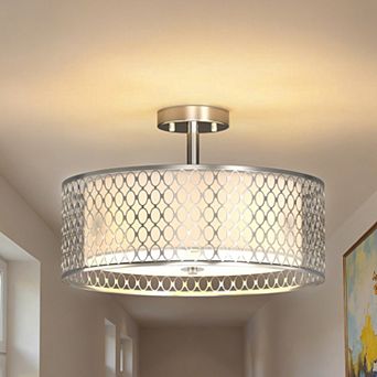 3-Light Modern Flush Mount Ceiling Fixture, 17" Brushed Nickel with Fabric Shade for Hallway Bedroom