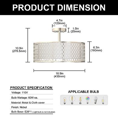 3-Light Modern Flush Mount Ceiling Fixture, 17" Brushed Nickel with Fabric Shade for Hallway Bedroom