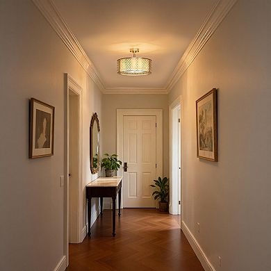 3-Light Modern Flush Mount Ceiling Fixture, 17" Brushed Nickel with Fabric Shade for Hallway Bedroom