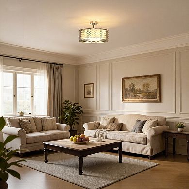 3-Light Modern Flush Mount Ceiling Fixture, 17" Brushed Nickel with Fabric Shade for Hallway Bedroom