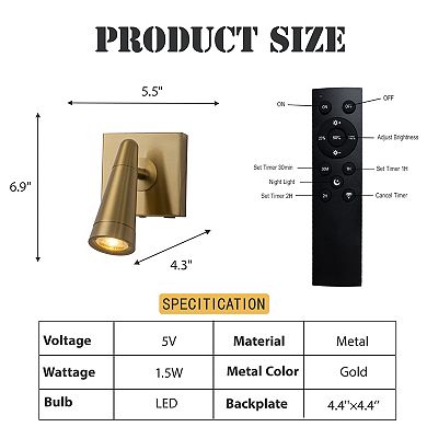 Rechargeable Cordless Wall Sconce USB-C LED Brass Spot Light with Remote and Stepless Touch Dimming