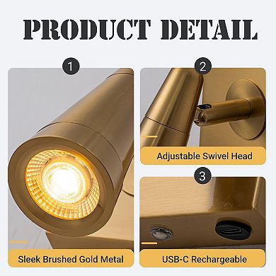 Rechargeable Cordless Wall Sconce USB-C LED Brass Spot Light with Remote and Stepless Touch Dimming