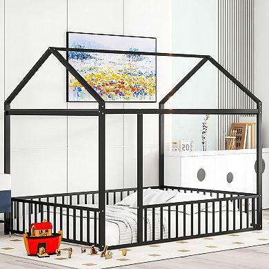 GOODSILO Metal House Bed Frame with Protective Fencing