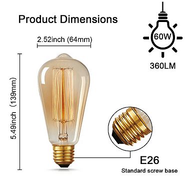 Vintage ST64 Edison Incandescent Bulb 60W Equivalent, E26 Base 2700K Amber Glass Dimmable, 6 Pack