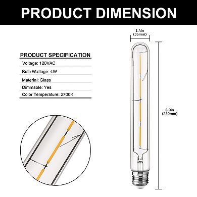 T30 Edison LED Tubular Bulb 4W , E26 Base 2700K Warm White Dimmable Clear Glass, 4 Pack