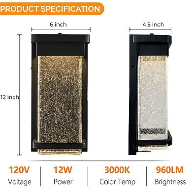 1-Light H12 in Modern Seeded Glass12W Integrated LED Outdoor Wall Sconce with Dusk to Dawn Sensor