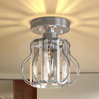 1-Light Chrome Crystal Semi Flush Mount Ceiling Fixture, 7.1" Modern Drum Shade for Hall Bedroom