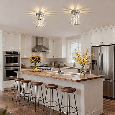 1-Light Chrome Crystal Semi Flush Mount Ceiling Fixture, 7.1" Modern Drum Shade for Hall Bedroom