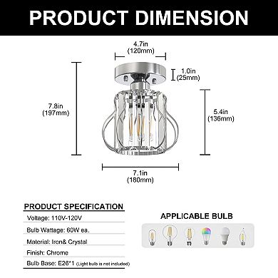 1-Light Chrome Crystal Semi Flush Mount Ceiling Fixture, 7.1" Modern Drum Shade for Hall Bedroom