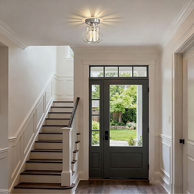 1-Light Chrome Crystal Semi Flush Mount Ceiling Fixture, 7.1" Modern Drum Shade for Hall Bedroom