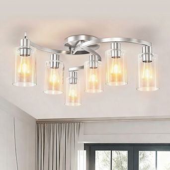 6-Light Industrial Flush Mount Ceiling Light, 20.5" Nickel with Clear Glass Shades for Living Room