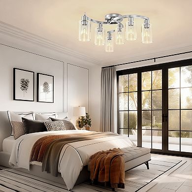 6-Light Industrial Flush Mount Ceiling Light, 20.5" Nickel with Clear Glass Shades for Living Room