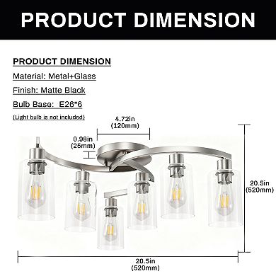 6-Light Industrial Flush Mount Ceiling Light, 20.5" Nickel with Clear Glass Shades for Living Room