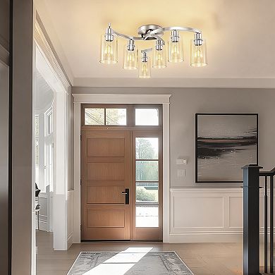 6-Light Industrial Flush Mount Ceiling Light, 20.5" Nickel with Clear Glass Shades for Living Room