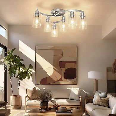6-Light Industrial Flush Mount Ceiling Light, 20.5" Nickel with Clear Glass Shades for Living Room