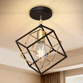 1-Light Geometric Semi Flush Mount Ceiling Light, 13.9" Black and Gold Cube Fixture for Hall Bedroom