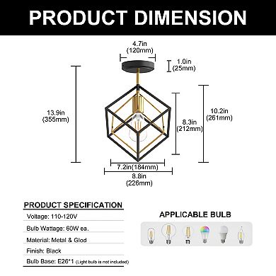 1-Light Geometric Semi Flush Mount Ceiling Light, 13.9" Black and Gold Cube Fixture for Hall Bedroom