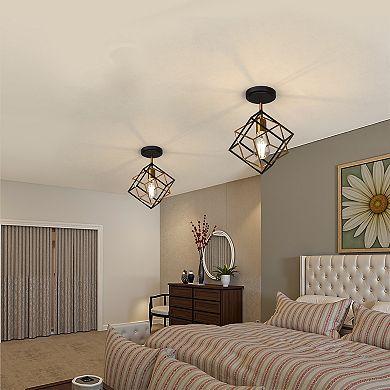 1-Light Geometric Semi Flush Mount Ceiling Light, 13.9" Black and Gold Cube Fixture for Hall Bedroom