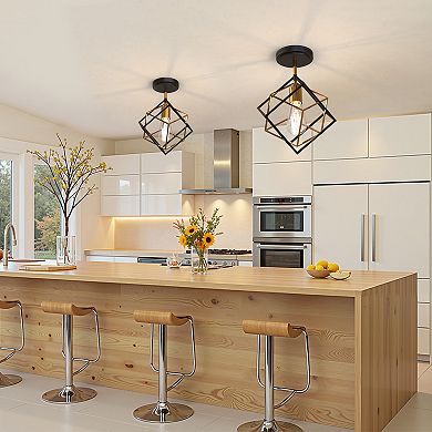 1-Light Geometric Semi Flush Mount Ceiling Light, 13.9" Black and Gold Cube Fixture for Hall Bedroom