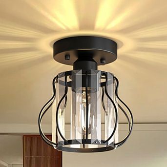 1-Light Matte Black Crystal Semi Flush Mount Ceiling Fixture, 7" Modern Drum Shade for Hall Bedroom
