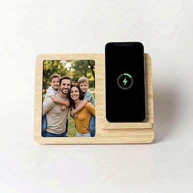 Bamboo Photo Frame with Wireless Charging Pad Compatible with Qi Enabled Devices