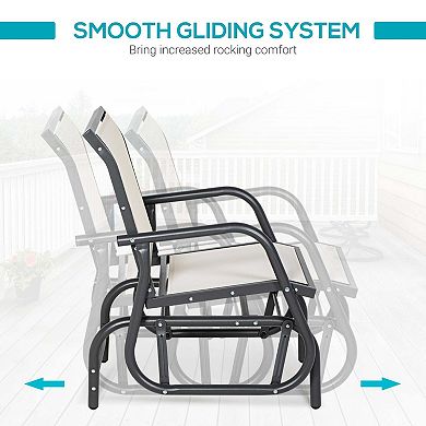 Porch Glider, Metal Frame Swing Glider Chair With Breathable Mesh Fabric, Curved Armrests