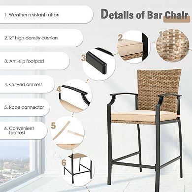 Set of 4 Patio Rattan Bar Stools with Cushions
