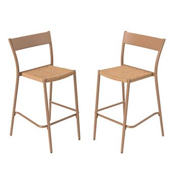 Set of 2 Patio Bar Stools with Rattan Seat and Metal Backrest