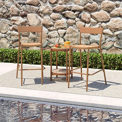 Set of 2 Patio Bar Stools with Rattan Seat and Metal Backrest