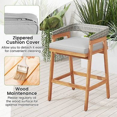 Set of 2 Patio Acacia Wood Counter Height Bar Stools with Cushions and Wicker Backs
