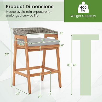 Set of 2 Patio Acacia Wood Counter Height Bar Stools with Cushions and Wicker Backs