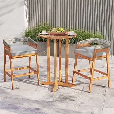 Set of 2 Patio Acacia Wood Counter Height Bar Stools with Cushions and Wicker Backs