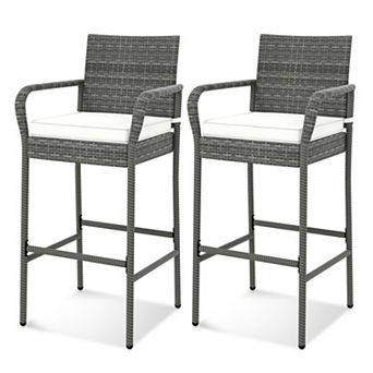 Set of 2 Patio Wicker Bar Stools with Armrests and Cushions