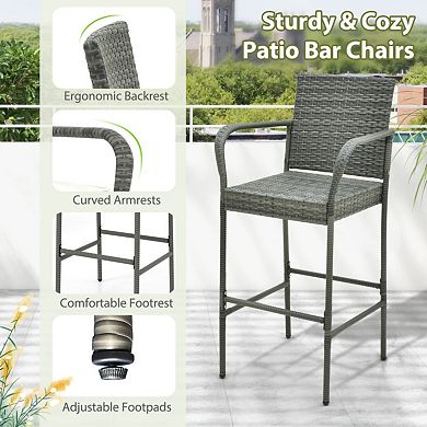Set of 2 Patio Wicker Bar Stools with Armrests and Cushions