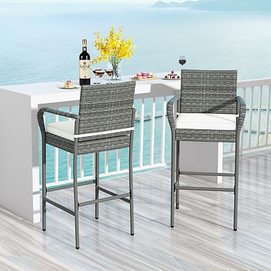 Set of 2 Patio Wicker Bar Stools with Armrests and Cushions