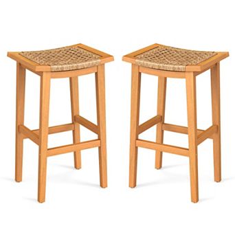 Set of 2 Outdoor Acacia Wood Bar Stools with PE Rattan Seats and Backs