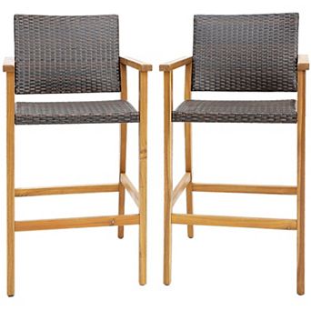 Set of 2 Outdoor PE Wicker Bar Chairs with Acacia Armrests