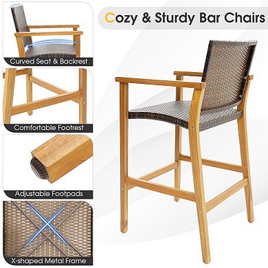 Set of 2 Outdoor PE Wicker Bar Chairs with Acacia Armrests
