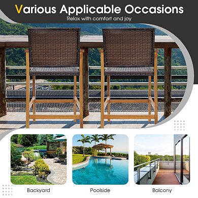 Set of 2 Outdoor PE Wicker Bar Chairs with Acacia Armrests