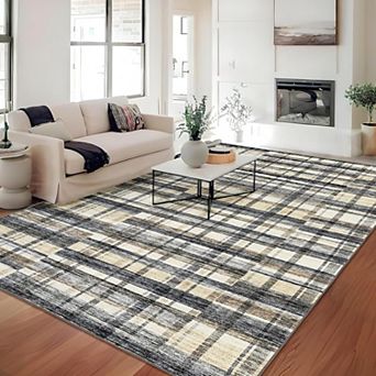 Washable Plaid Area Rug, Non-Slip Soft Non-Shedding Carpet for Home, Living Room