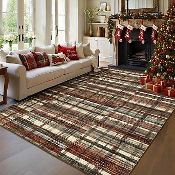Washable Plaid Area Rug, Non-Slip Soft Non-Shedding Carpet for Home, Living Room