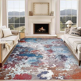 Modern Abstract Area Rug, Washable Soft Low Pile Non Slip Carpet for Living Room Bedroom Dining