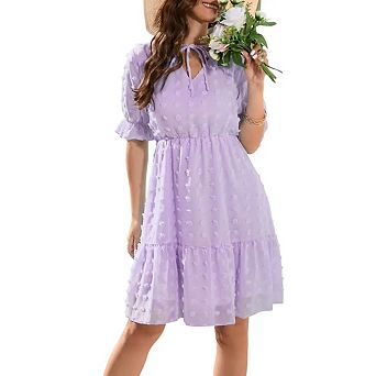 Women's Swiss Dot Mini Dress Summer Casual V Neck Short Sleeve High Waist Ruffle A-Line Flowy Dress