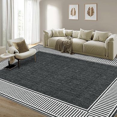 Washable Non-Slip Bordered Rug, Stain-Resistant Low Pile, for Living Room, Bedroom, Kitchen