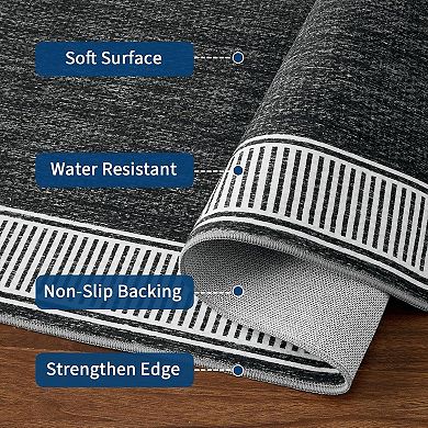 Washable Non-Slip Bordered Rug, Stain-Resistant Low Pile, for Living Room, Bedroom, Kitchen