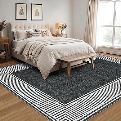 Washable Non-Slip Bordered Rug, Stain-Resistant Low Pile, for Living Room, Bedroom, Kitchen