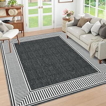 Washable Non-Slip Bordered Rug, Stain-Resistant Low Pile, for Living Room, Bedroom, Kitchen