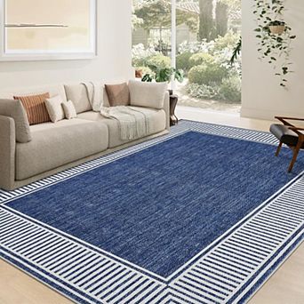 Washable Non-Slip Bordered Rug, Stain-Resistant Low Pile, for Living Room, Bedroom, Kitchen