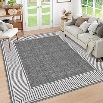 Washable Non-Slip Bordered Rug, Stain-Resistant Low Pile, for Living Room, Bedroom, Kitchen