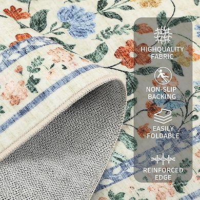 Washable Ultra-Soft Vintage Floral Rug, Non-Slip Foldable Thin Mat for Living Room, Nursery, Office